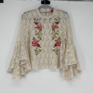 Chelsea Violet Lace Sheer Bell Sleeve Embroidered Floral Top Women's M